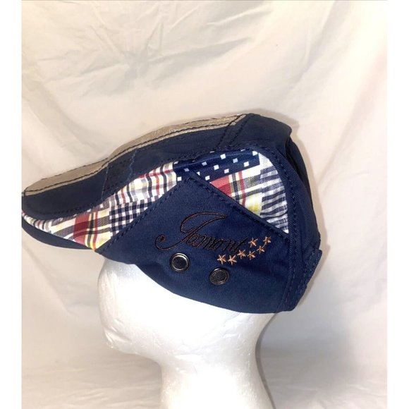 Men Beret Hat PATCHWORK Adjustable Newsboy Hat Cabbie Gatsby Cap Navy W Plaid - Picture 1 of 5